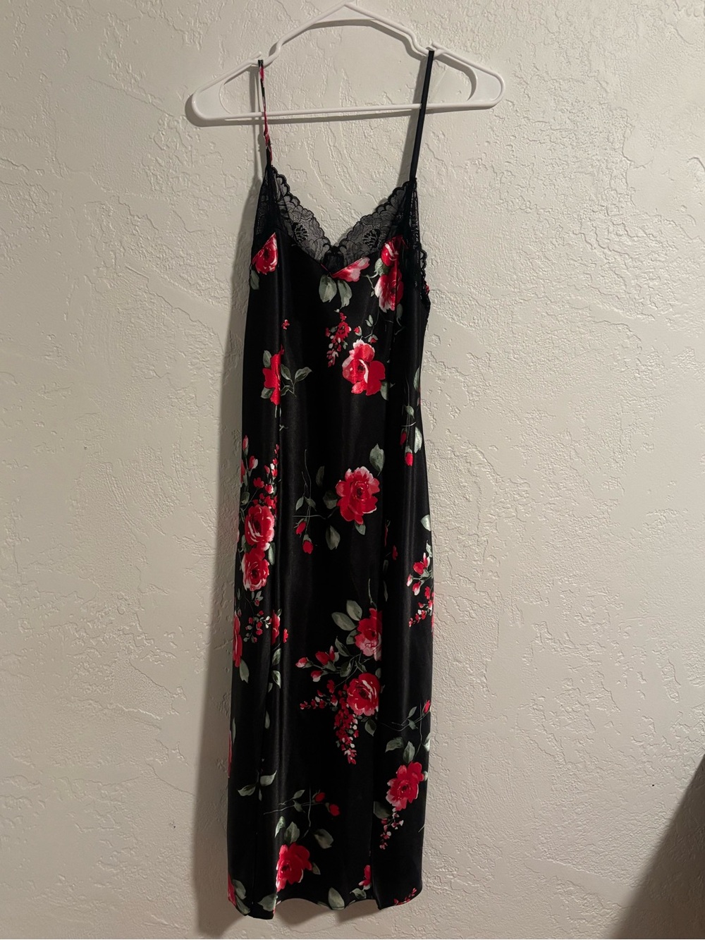 Floral Lace-Trim Slip Dress - Black with Red Rose Print